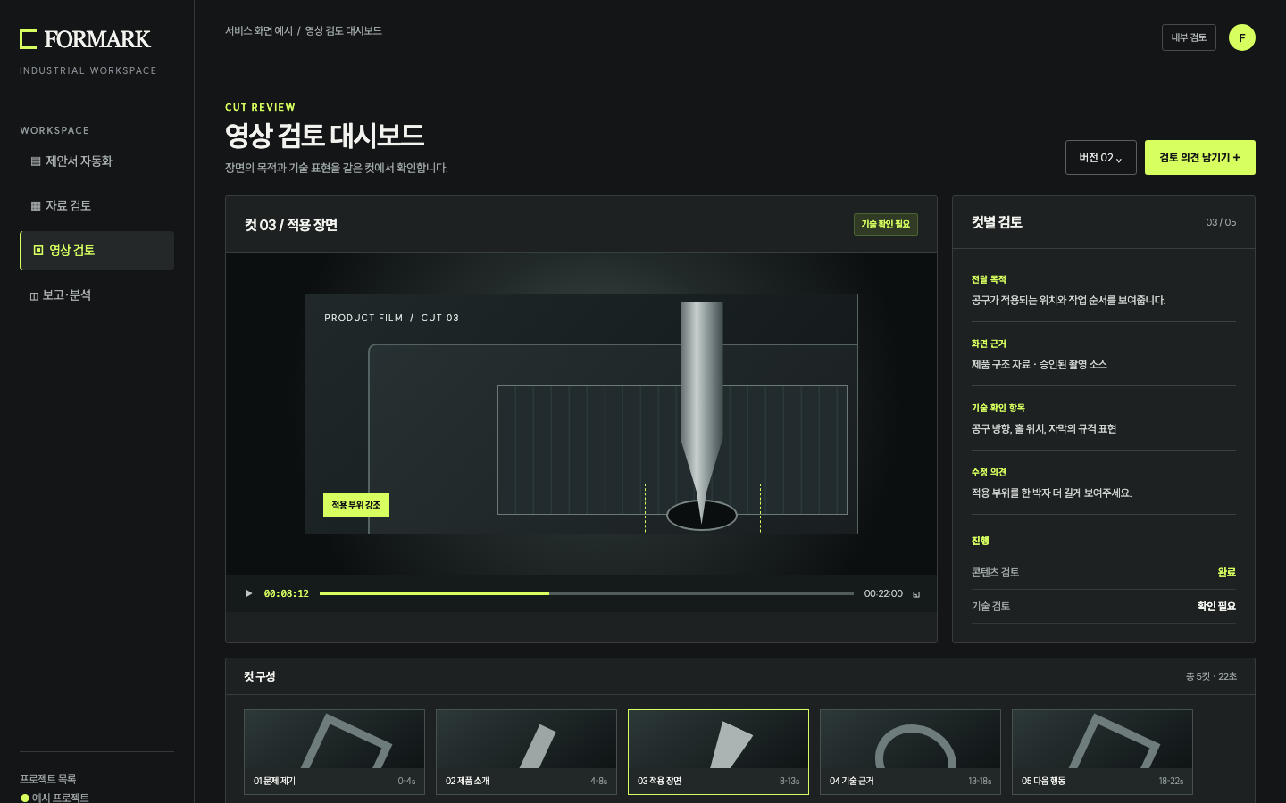영상 검토 대시보드: 고객 정보 없이 재구성한 화면 예시